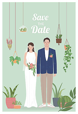 전신 부부 커플 여자 남자 행복 화분 부케 웨딩드레스 결혼 일러스트 나뭇잎 매달리기 서기 미소 사람 성인 두명 손잡기 청첩장 신랑신부 성인만 행잉플랜트 국내일러스트 AI파일 드레스 감정 신부_웨딩 꽃다발 신랑 잎 관계 모션 카드_감사 표정 이벤트 파일형식 벡터