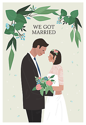 여자 남자 꽃 행복 부케 웨딩드레스 허리손 결혼 일러스트 나뭇잎 미소 사람 상반신 성인 두명 마주보기 청첩장 신랑신부 성인만 국내일러스트 AI파일 식물 드레스 감정 신부_웨딩 꽃다발 포즈 신랑 잎 모션 카드_감사 표정 이벤트 파일형식 벡터