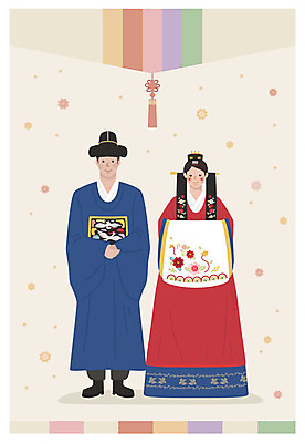 전신 부부 여자 남자 행복 결혼 일러스트 서기 미소 사람 성인 두명 한복 전통혼례 노리개 청첩장 혼례복 신랑신부 성인만 국내일러스트 AI파일 한국전통 커플 감정 신부_웨딩 신랑 모션 카드_감사 전통소품 표정 이벤트 전통의상 전통의례 파일형식 벡터