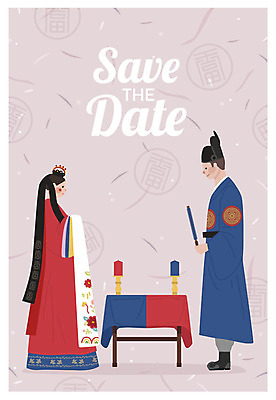 전신 부부 여자 남자 행복 결혼 일러스트 초 탁자 미소 사람 성인 두명 전통문양 마주보기 전통혼례 청첩장 촛대 혼례복 신랑신부 성인만 국내일러스트 AI파일 한국전통 전통 문양 커플 감정 신부_웨딩 가구 신랑 모션 카드_감사 표정 이벤트 전통의상 전통의례 파일형식 벡터