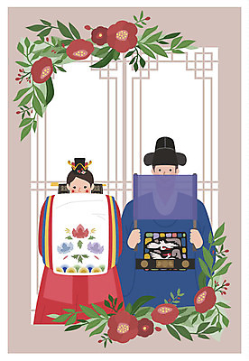 부부 여자 남자 꽃 행복 결혼 일러스트 나뭇잎 사람 상반신 성인 두명 전통혼례 청첩장 혼례복 신랑신부 전통문살 성인만 국내일러스트 AI파일 식물 한국전통 전통 커플 감정 신부_웨딩 신랑 잎 카드_감사 이벤트 전통의상 전통의례 문살 파일형식 벡터