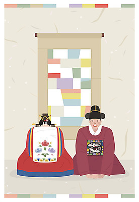 전신 한국전통 여자 남자 행복 결혼 일러스트 사람 성인 두명 전통문양 절 한복 전통혼례 청첩장 혼례복 신랑신부 성인만 국내일러스트 AI파일 전통 문양 감정 신부_웨딩 신랑 카드_감사 한국 이벤트 인사 전통의상 전통의례 파일형식 벡터