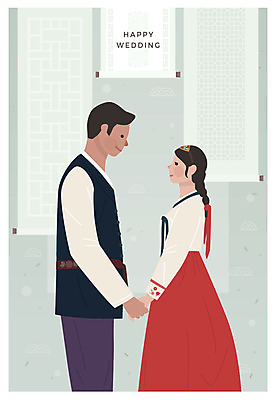부부 여자 남자 행복 결혼 일러스트 미소 사람 상반신 성인 두명 전통문양 마주보기 손잡기 한복 두루마리 청첩장 신랑신부 성인만 국내일러스트 AI파일 한국전통 전통 문양 커플 감정 신부_웨딩 신랑 모션 카드_감사 표정 이벤트 전통의상 파일형식 벡터