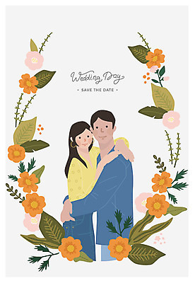 여자 남자 꽃잎 꽃 행복 결혼 일러스트 안기 미소 사람 상반신 성인 두명 청첩장 신랑신부 성인만 국내일러스트 AI파일 식물 감정 신부_웨딩 신랑 모션 카드_감사 표정 이벤트 파일형식 벡터