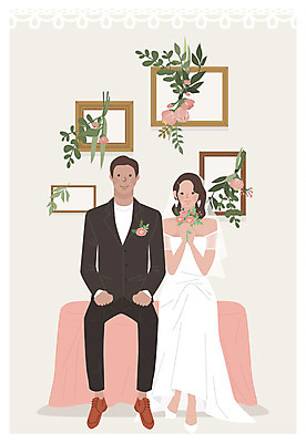 전신 부부 여자 남자 행복 부케 웨딩드레스 액자 결혼 일러스트 미소 사람 앉기 성인 두명 청첩장 신랑신부 성인만 국내일러스트 AI파일 커플 드레스 감정 신부_웨딩 꽃다발 신랑 모션 카드_감사 표정 이벤트 파일형식 벡터