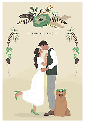 전신 한마리 부부 여자 남자 꽃 행복 웨딩드레스 결혼 일러스트 안기 나뭇잎 사람 성인 두명 마주보기 강아지 청첩장 반려 신랑신부 성인만 국내일러스트 AI파일 식물 1 커플 드레스 감정 신부_웨딩 신랑 잎 모션 카드_감사 이벤트 반려동물 개 파일형식 벡터