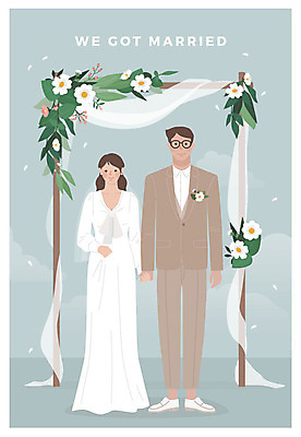 전신 부부 여자 남자 꽃 행복 웨딩드레스 결혼 일러스트 서기 미소 사람 성인 두명 장식 손잡기 청첩장 신랑신부 성인만 국내일러스트 AI파일 식물 커플 드레스 감정 신부_웨딩 신랑 모션 카드_감사 표정 이벤트 파일형식 벡터