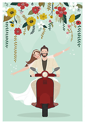 전신 부부 커플 여자 남자 꽃 행복 웨딩드레스 결혼 일러스트 팔벌리기 나뭇잎 미소 사람 성인 두명 오토바이 승차 즐거움 청첩장 신랑신부 성인만 국내일러스트 AI파일 식물 드레스 감정 신부_웨딩 신랑 잎 관계 모션 카드_감사 표정 이벤트 바이크 파일형식 벡터