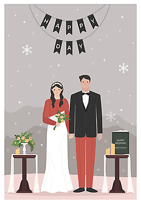 전신 부부 커플 여자 남자 행복 부케 웨딩드레스 결혼 일러스트 탁자 미소 사람 성인 두명 손잡기 꽃병 눈송이 청첩장 예복 신랑신부 성인만 국내일러스트 AI파일 드레스 옷 꽃 감정 신부_웨딩 꽃다발 가구 신랑 관계 모션 카드_감사 눈_날씨 표정 이벤트 파일형식 벡터