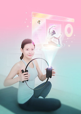 전신 PSD 편집이미지 응시 여자 요가 사람 성인 두명 30대 스마트기기 스크린 헤드셋 한국인 요가자세 스마트 요가복 영상 여자만 이미지편집 웰빙 시선 음향기기 포즈 컨셉 동양인 장년 전자제품 운동복 헤드폰 파일형식