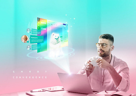 PSD 서양인 편집이미지 한마리 여자 남자 커피 미소 사람 상반신 성인 두명 노트북 스마트기기 태블릿 스크린 마시기 강아지 커피잔 스마트 반려 채팅 이미지편집 외국인 1 음료 컨셉 모션 잔 표정 전자제품 반려동물 개 파일형식