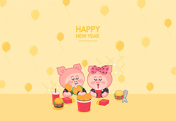 두마리 일러스트 사람없음 노란색 치킨 햄버거 돼지 먹기 콜라 해피뉴이어 돼지캐릭터 풍선 기해년 국내일러스트 AI파일 컬러 동물캐릭터 2 포유류 모션 패스트푸드 새해인사 탄산음료 닭고기요리 파일형식 벡터 2019년