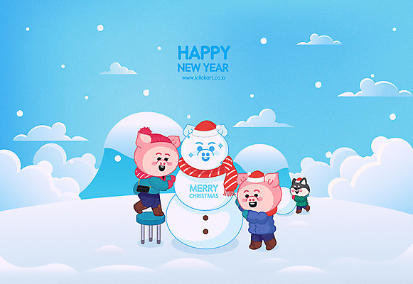 두마리 겨울 일러스트 눈사람 사람없음 파란색 설원 돼지 즐거움 해피뉴이어 돼지캐릭터 눈사람만들기 기해년 눈덮임 국내일러스트 AI파일 계절 감정 컬러 동물캐릭터 컨셉 2 포유류 눈_날씨 새해인사 만들기 파일형식 벡터 2019년