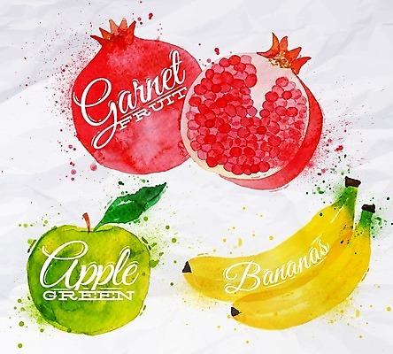 EPS 해외이미지 일러스트 수채화 바나나 사람없음 사과 청사과 손그림 석류 해외일러스트 과일 파일형식 벡터 이미지허브