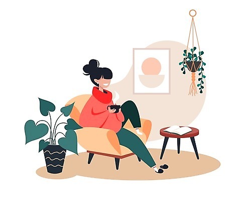 EPS 해외이미지 전신 디자인 여자 화분 커피 의자 일러스트 탁자 휴식 한명 들기 사람 앉기 성인 책 소파 편안함 커피잔 성인여자한명만 해외일러스트 1 음료 가구 컨셉 모션 잔 감각 여자한명만 성인여자만 파일형식 벡터 이미지허브