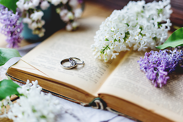 포토 JPG 해외이미지 실내 사람없음 아웃포커스 책 소프트포커스 결혼반지 라일락 해외포토 꽃 결혼 촬영기법 내부 반지 파일형식 이미지허브