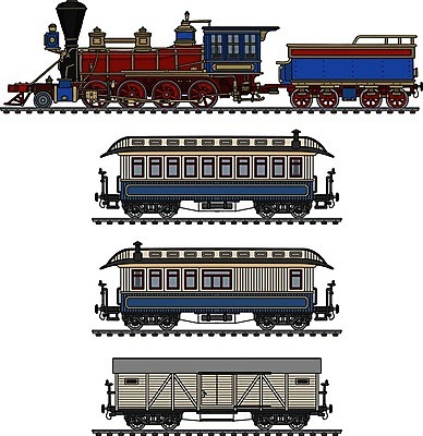 EPS 해외이미지 일러스트 교통시설 자동차 빨간색 파란색 기계 기차 수확 화물 흰색 클래식 수증기 만화 크림 복고 마차 승객 엔진 서쪽 석탄 옛날 해외일러스트 육상교통 교통수단 컬러 교통 컨셉 농업 대중교통 운송업 방향 시설 파일형식 벡터 이미지허브