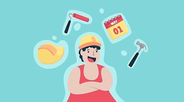 EPS 해외이미지 남자 일러스트 노동자 작업복 한명 웃음 상반신 성인 팔짱 달력 망치 안전모 롤러 근로자의날 성인남자한명만 해외일러스트 직업 1 옷 기념일 모션 표정 사람 공구 헬멧 안전장비 남자한명만 성인남자만 파일형식 벡터 이미지허브