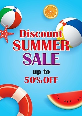 EPS 해외이미지 영어 포스터 하늘색 오렌지 일러스트 수박 사람없음 세일 비치볼 구명부환 해외일러스트 문자 과일 공 바캉스용품 파란색 안전장비 튜브 파일형식 벡터 이미지허브