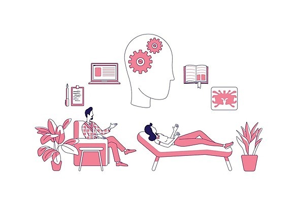 EPS 해외이미지 전신 여자 남자 화분 분홍색 일러스트 비즈니스 앉기 성인 두명 책 노트북 소파 눕기 라인아트 얼굴모양 톱니바퀴 성인만 심리치료 해외일러스트 모양 얼굴 선 컬러 의자 모션 사람 치료 전자제품 심리 파일형식 벡터 이미지허브