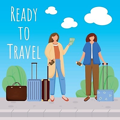 EPS 해외이미지 구름 여자 포스터 여행 지폐 가방 일러스트 하늘 들기 성인 두명 캐리어 즐거움 휴양지 여권 성인여자만 해외일러스트 자연요소 잡화 감정 돈 모션 사람 여행가방 장소 여자만 성인만 파일형식 벡터 이미지허브