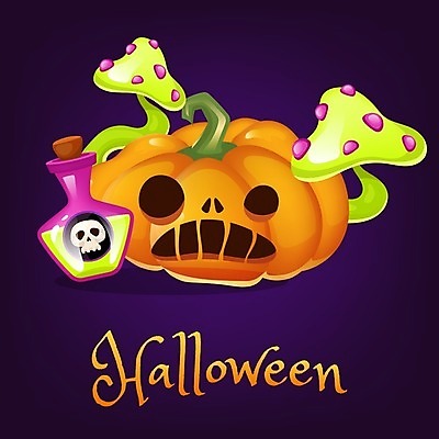 EPS 해외이미지 일러스트 사람없음 보라색 주황색 독약 독버섯 잭오랜턴 레터링 해외일러스트 컬러 버섯 할로윈 파일형식 벡터 이미지허브