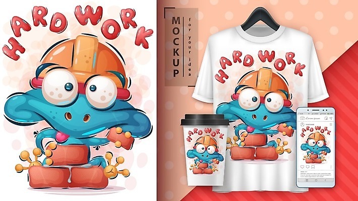 EPS 해외이미지 캐릭터 커피 티셔츠 일러스트 벽돌 개구리 양서류 사람없음 컵 반려동물 헬멧 만화 그림 건축업자 몬스터 목업 해외일러스트 일러캐릭터 동물 식기 건축 음료 셔츠 보호장비 파일형식 벡터 이미지허브