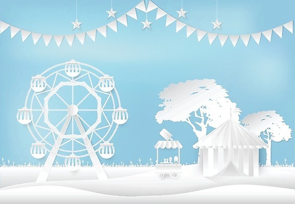 EPS 해외이미지 나무 하늘색 일러스트 사람없음 놀이공원 흰색 페이퍼아트 서커스 천막 대관람차 가랜드 아이스크림차 해외일러스트 식물 컬러 파란색 테마파크 놀이기구 파티용품 특수차량 아이스크림장사 파일형식 벡터 이미지허브