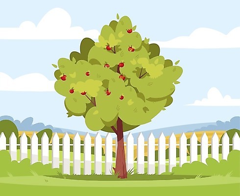 EPS 해외이미지 나무 과일 일러스트 사람없음 울타리 정원 사과나무 뒤뜰 해외일러스트 식물 담장 사과 파일형식 벡터 이미지허브