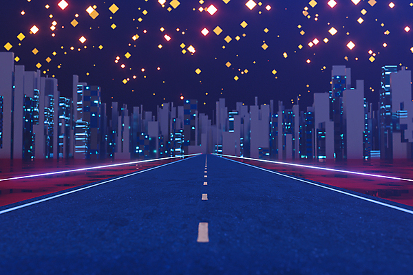 EPS 해외이미지 일러스트 사람없음 건물 파란색 빛 보라색 고층빌딩 도시 네온 그라데이션 스카이라인 해외일러스트 건축물 컬러 빌딩 파일형식 벡터 이미지허브