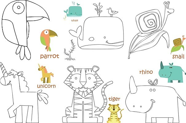 EPS 해외이미지 동물 어린이 일러스트 책 호랑이 낙서 만화 스케치 고래 달팽이 앵무새 페이지 코뿔소 색칠공부 유니콘 해외일러스트 포유류 조류 연체동물 미술 사람 학습 수중동물 색칠 파일형식 벡터 이미지허브