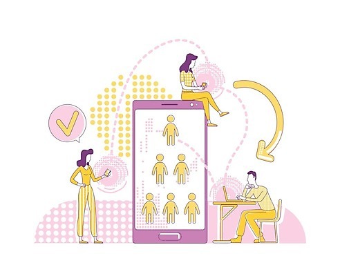 EPS 해외이미지 전신 여자 남자 말풍선 의자 일러스트 비즈니스 탁자 사람모양 들기 앉기 성인 세명 노트북 스마트폰 노란색 보라색 타이핑 라인아트 체크표시 성인만 해외일러스트 모양 선 컬러 가구 모션 사람 전자제품 핸드폰 스마트기기 확인 파일형식 벡터 이미지허브