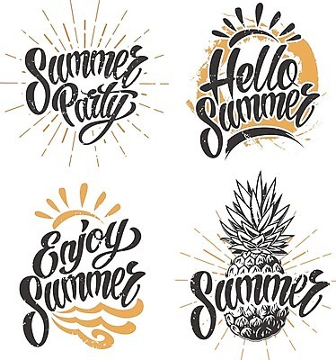EPS 해외이미지 손글씨 일러스트 글자캘리그라피 사람없음 세트 태양 파티 빈티지 파인애플 HELLO 레터링 해외일러스트 자연요소 컨셉 과일 캘리그라피 이벤트 인사 열대과일 파일형식 벡터 이미지허브