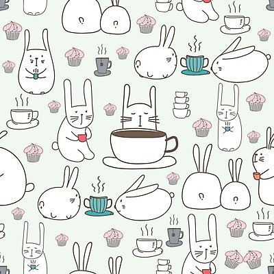 EPS 해외이미지 캐릭터 커피 백그라운드 패턴 일러스트 사람없음 흰색 토끼 컵케이크 해외일러스트 일러캐릭터 음료 컬러 무늬 포유류 반려동물 케이크 파일형식 벡터 이미지허브