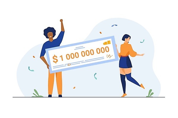 EPS 해외이미지 전신 여자 남자 일러스트 들기 성인 두명 손들기 우승 상품권 쿠폰 꽃가루 복권 성인만 해외일러스트 모션 사람 최고 가루 파일형식 벡터 이미지허브