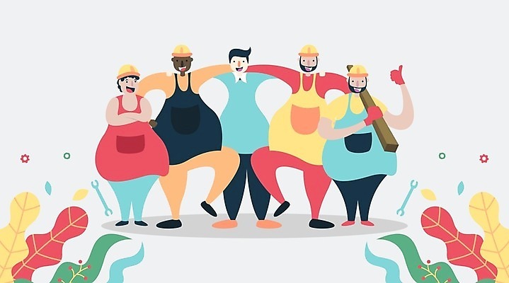 EPS 해외이미지 전신 남자 잎 일러스트 어깨동무 노동자 작업복 웃음 들기 여러명 성인 목재 팔짱 스패너 안전모 톱니바퀴 따봉 근로자의날 다리들기 성인남자만 해외일러스트 나무 식물 직업 옷 기념일 포즈 다수 재료 모션 표정 사람 공구 최고 헬멧 안전장비 남자만 성인만 파일형식 벡터 이미지허브