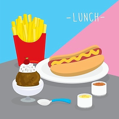 EPS 해외이미지 접시 일러스트 아이스크림 사람없음 숟가락 감자튀김 유리그릇 점심 핫도그 점심식사 해외일러스트 그릇 식기 음식 유리 디저트 감자 패스트푸드 수저 식사 튀김 파일형식 벡터 이미지허브