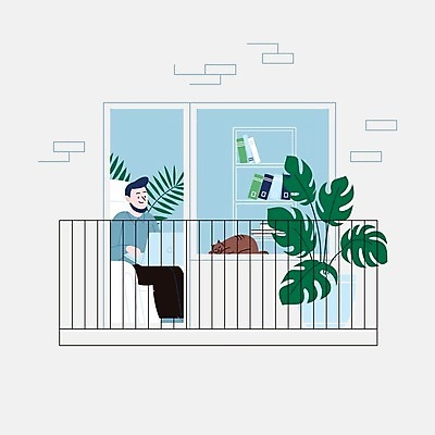 EPS 해외이미지 전신 한마리 라이프스타일 남자 화분 일러스트 창문 책장 한명 앉기 성인 일상 책 노트북 반려동물 고양이 발코니 타이핑 작업 성인남자한명만 반려묘 해외일러스트 동물 1 가구 포유류 모션 사람 라이프 생활 전자제품 남자한명만 성인남자만 파일형식 벡터 이미지허브