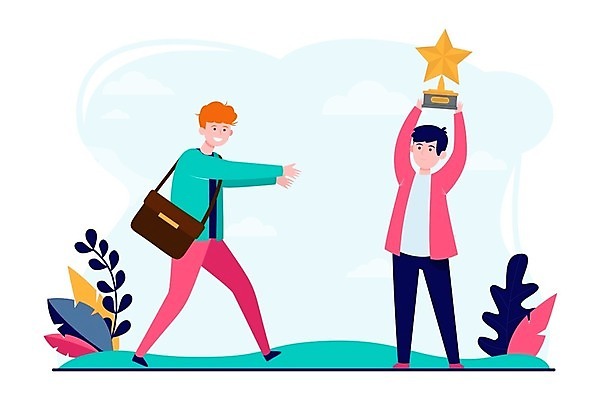 EPS 해외이미지 전신 남자 잎 서류가방 일러스트 들기 성인 두명 우승 트로피 성인남자만 해외일러스트 식물 가방 모션 사람 최고 상_우승 남자만 성인만 파일형식 벡터 이미지허브
