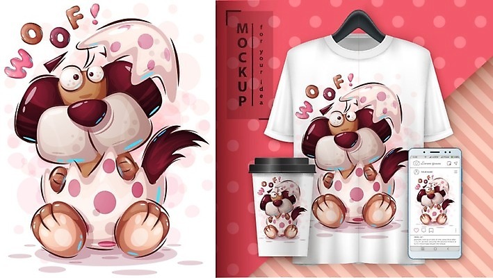 EPS 해외이미지 캐릭터 커피 티셔츠 일러스트 사람없음 컵 반려동물 계란 강아지 만화 그림 목업 해외일러스트 일러캐릭터 동물 식기 음료 셔츠 알 개 파일형식 벡터 이미지허브