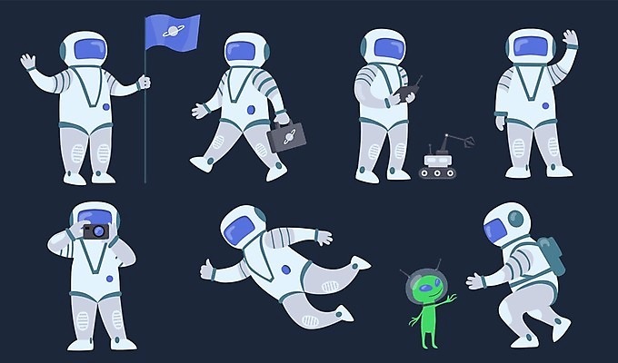 EPS 해외이미지 전신 가방 일러스트 들기 여러명 성인 손들기 사진촬영 우주비행사 외계인 깃발 인사 로봇 우주복 성인만 해외일러스트 잡화 옷 다수 모션 사람 우주 촬영 미확인물체 예절 파일형식 벡터 이미지허브