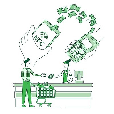 EPS 해외이미지 손 지폐 일러스트 식재료 무선통신 정보기술 들기 상반신 신체부위 초록색 스마트폰 쇼핑 장보기 계산대 스마트 라인아트 장바구니 와이파이 결제 단말기 편리함 계산원 해외일러스트 직업 선 컬러 컨셉 돈 통신 모션 기술 사람 핸드폰 스마트기기 바구니 무선인터넷 파일형식 벡터 이미지허브