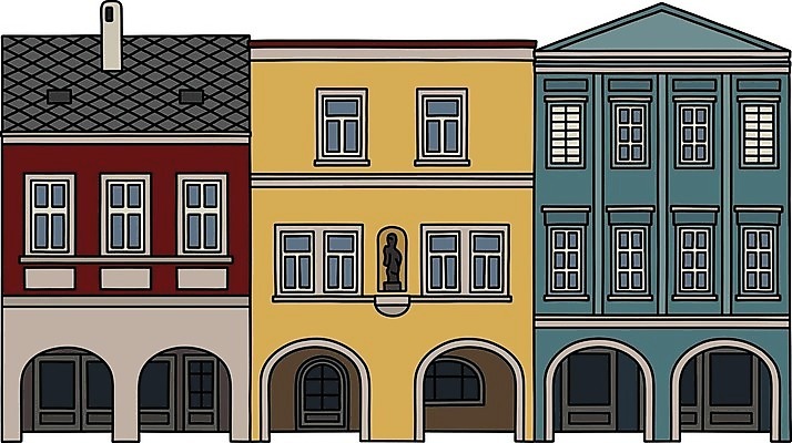 EPS 해외이미지 도로 길 일러스트 거리 주택 굴뚝 건물 빨간색 파란색 노란색 회색 햄버거 흰색 도시 역사 만화 대문 정사각형 광장 타운 법정 옛날 회랑 해외일러스트 도형 건축물 컬러 교통시설 패스트푸드 문 복도 파일형식 벡터 이미지허브