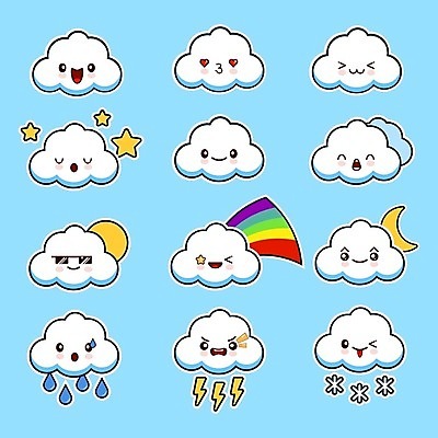 EPS 해외이미지 구름 캐릭터 감정 하늘색 무지개 일러스트 날씨 표정 사람없음 세트 낙서 만화 이모티콘 해외일러스트 일러캐릭터 자연요소 파란색 파일형식 벡터 이미지허브