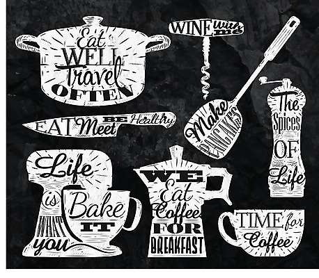 EPS 해외이미지 디자인 커피 일러스트 주방용품 사람없음 냄비 찻잔 믹서 뒤집개 식칼 와인오프너 그런지 후추갈이 레터링 모카포트 해외일러스트 음료 생활용품 주전자 잔 솥 분쇄기 병따개 파일형식 벡터 이미지허브