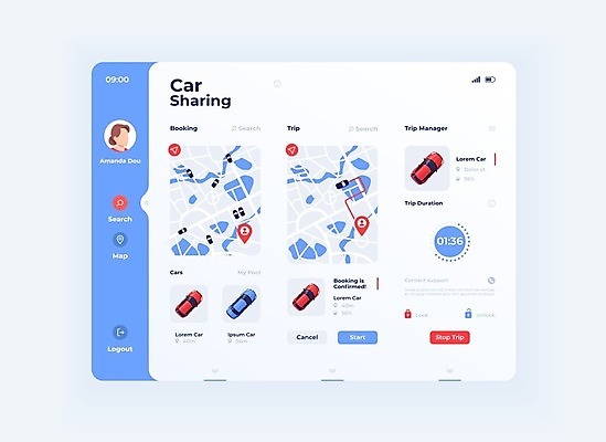 EPS 해외이미지 템플릿 하늘색 일러스트 자동차 모바일 사람없음 디지털 흰색 어플리케이션 스마트 서비스 약도 온라인 대여 UI 인터페이스 카쉐어링 해외일러스트 육상교통 컬러 컨셉 지도 파란색 파일형식 벡터 공유경제 이미지허브