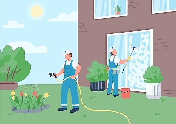 EPS 해외이미지 전신 식물 구름 남자 꽃 화분 잎 일러스트 창문 서기 들기 성인 두명 태양 정원 청소 물주기 호스 물뿌리기 분사기 정원사 창문닦기 성인남자만 반려식물 해외일러스트 자연요소 직업 모션 사람 닦기 남자만 성인만 파일형식 벡터 이미지허브