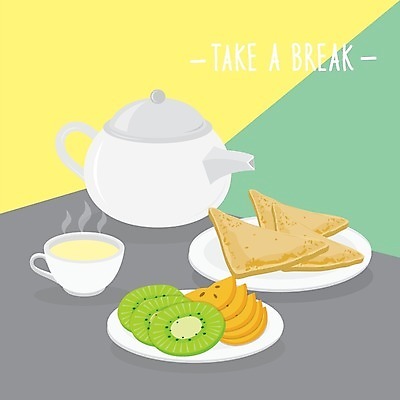 EPS 해외이미지 접시 일러스트 키위 감 사람없음 찻잔 찻주전자 슬라이스 토스트 간식시간 해외일러스트 식기 빵 과일 주전자 잔 파일형식 벡터 이미지허브