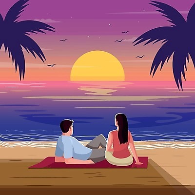 EPS 해외이미지 커플 여자 남자 바다 여행 데이트 일러스트 휴식 함께함 앉기 상반신 성인 해변 두명 야자수 일몰 매트 성인만 해외일러스트 나무 컨셉 관계 모션 사람 노을 파일형식 벡터 이미지허브