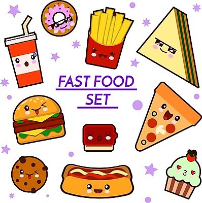 EPS 해외이미지 디자인 일러스트 피자 패스트푸드 샌드위치 미소 사람없음 감자튀김 햄버거 도넛 케첩 컵케이크 메뉴 음식캐릭터 콜라 핫도그 초코칩쿠키 해외일러스트 일러캐릭터 캐릭터 음식 디저트 감자 서양음식 표정 케이크 튀김 소스_음식 인스턴트 탄산음료 초코칩 초코쿠키 파일형식 벡터 이미지허브